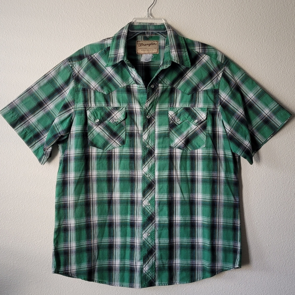 Vintage Wrangler Pearl Snap Short Sleeve Shirt Green Plaid Button Up